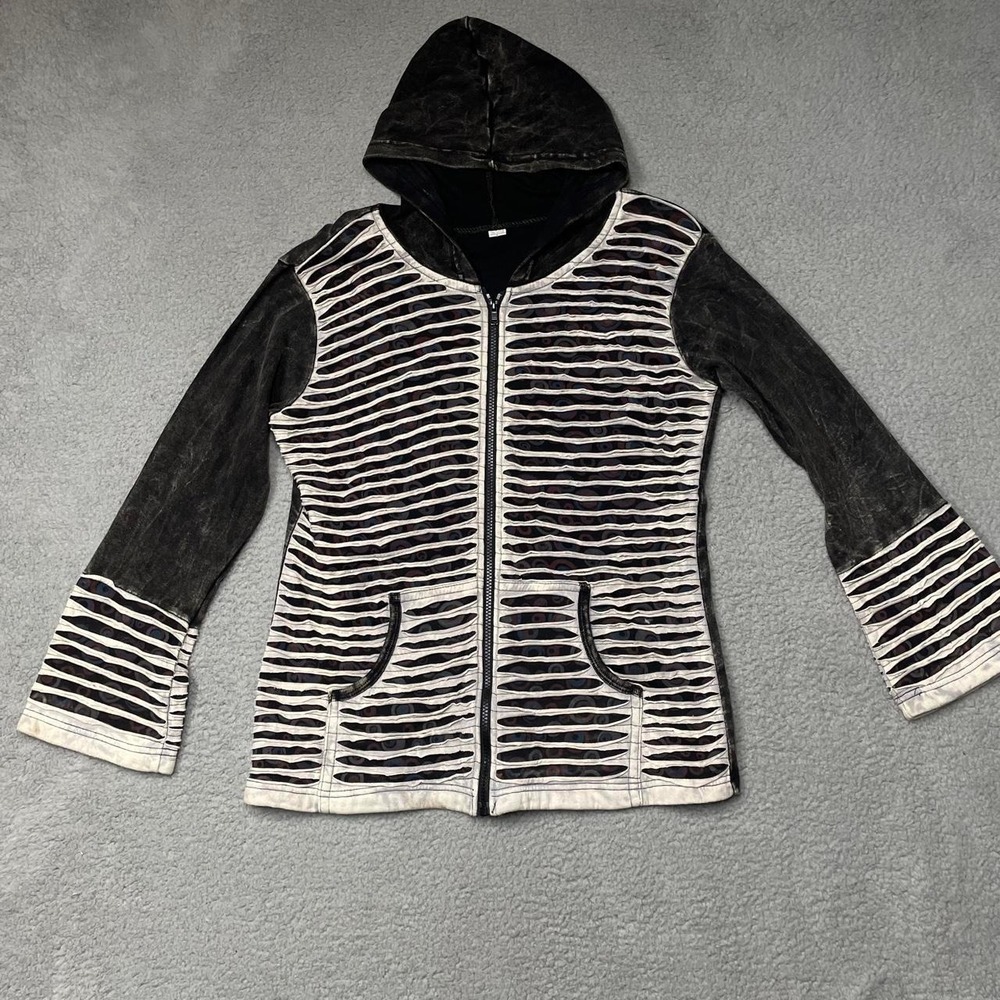 Unbranded Distressed Hoodie Womens L Black White Striped Grunge Emo Zip Up